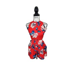 Luxxel Women's romper one-piece red floral jumpsuit halter top size Large